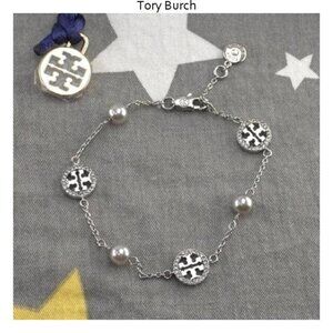 Tory Burch Miller Pavé Pearl Chain Bracelet in Silver